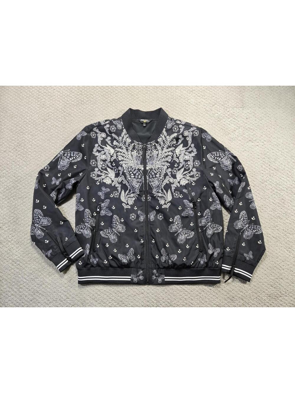 Johnny Was Active Bomber Jacket Womens Medium Black White Butterfly Floral Zip